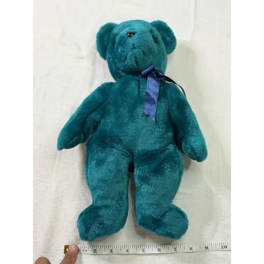 VTG Ty Beanie Buddies Teal Teddy Bear Blue Ribbon Plush 14” Stuffed Animal 1990